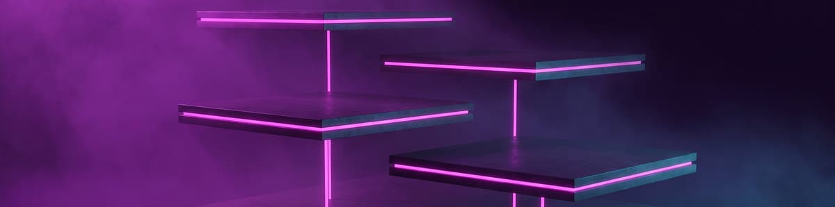 Four tiered platforms at different elevations linked by beams of light to one shared floor