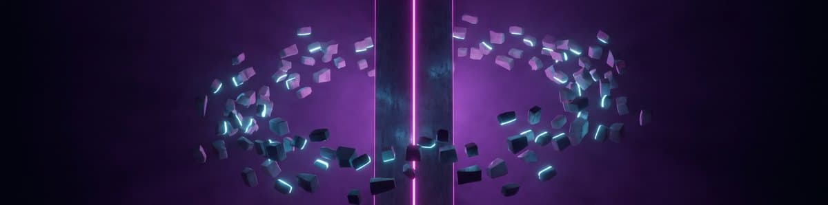A lit monolith standing centred while unformed blocks orbit around it