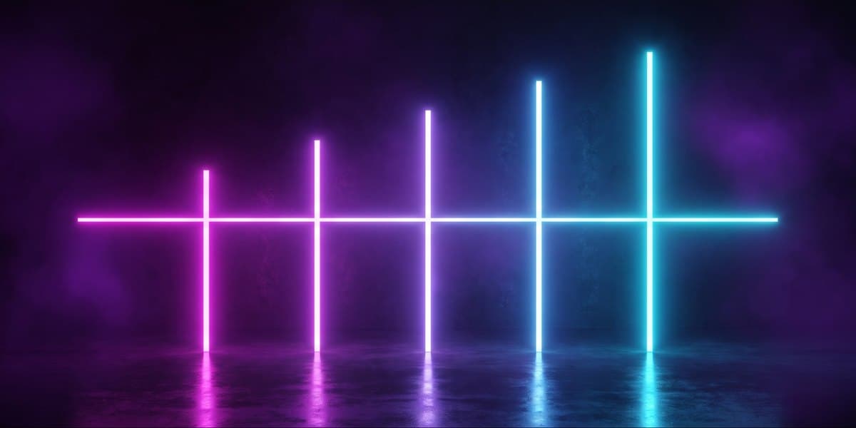 Five vertical bars of neon light of graduated height with one beam passing through all of them