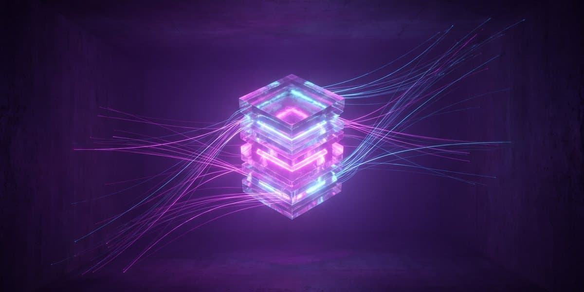 A glowing core of stacked strata suspended in a dark chamber, fed by threads of light from every direction