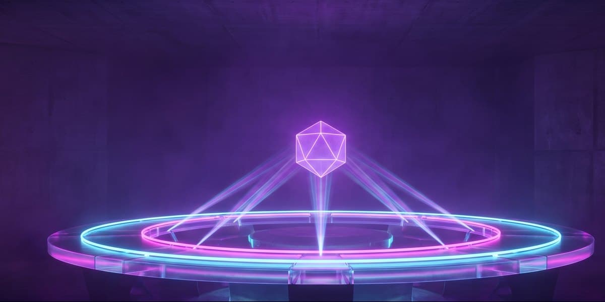 A circular table of light with beams converging from its rim into one solid form at the centre