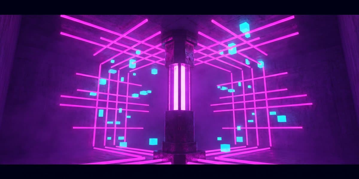 A tall beacon casting a structured lattice of light that brings smaller forms into alignment